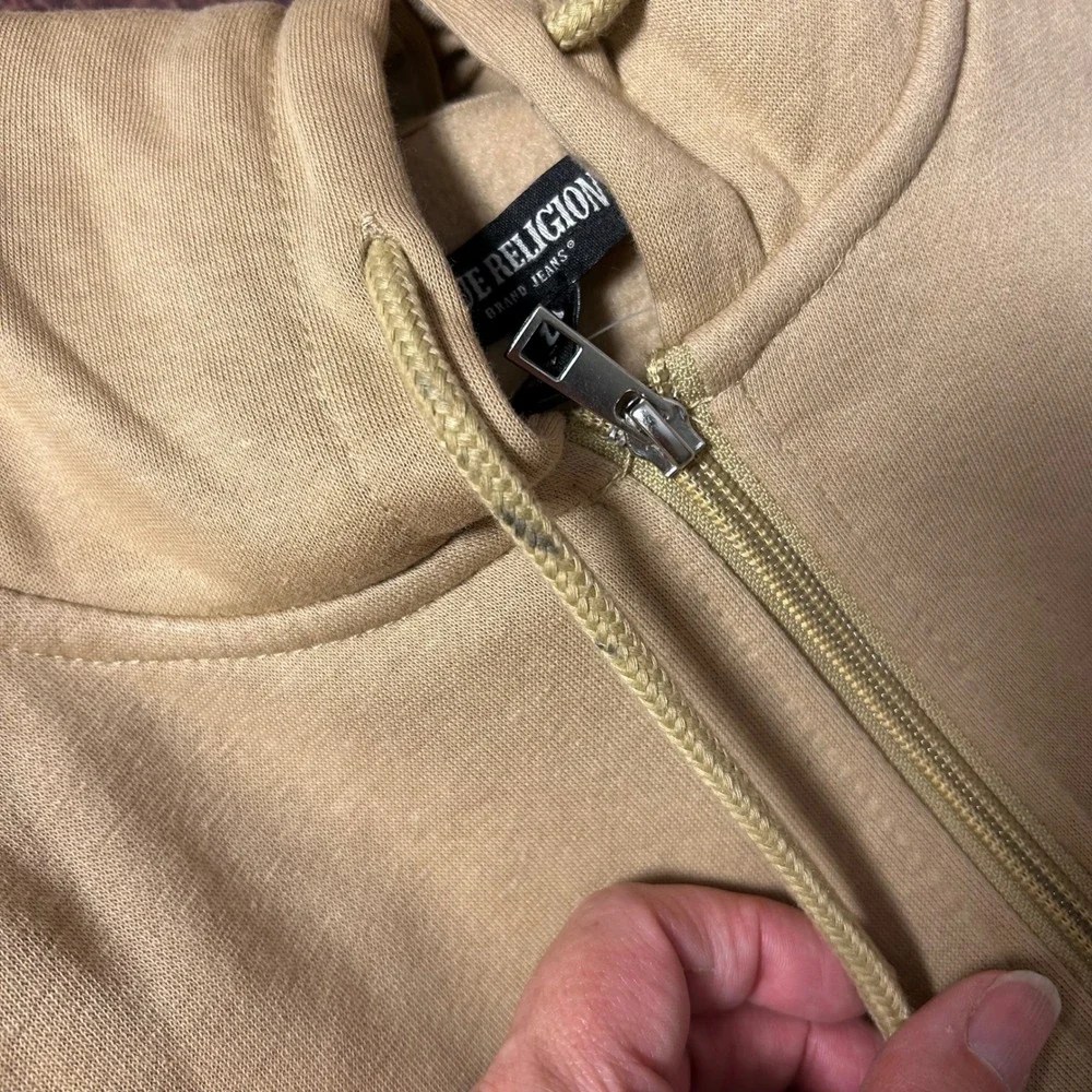 True Religion Mens True College Full Zip Hoodie Jacket Travertine Beige L NEW